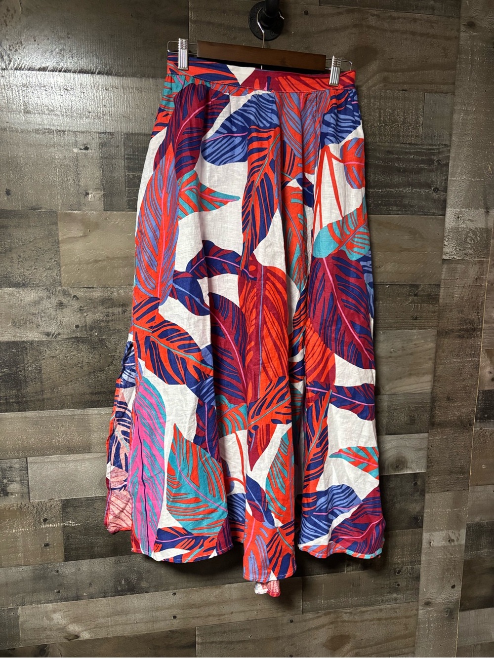 Magaschoni 100% Linen Multicolor Tropical Leaf Maxi Skirt Red Blue & Purple XS